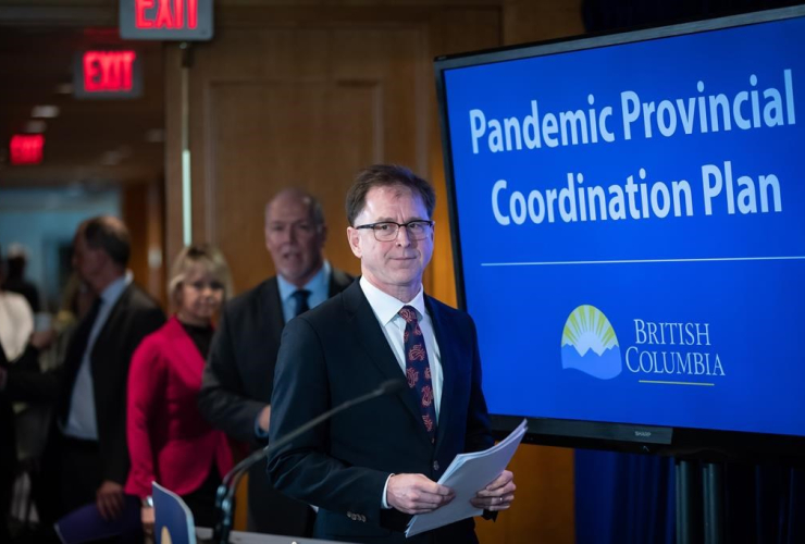 Health Minister Adrian Dix, B.C. Premier John Horgan, provincial health officer Dr. Bonnie Henry,