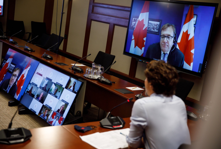 Prime Minister Justin Trudeau meets with Environment Minister Jonathan Wilkinson as part of his first virtual tour of B.C. on Sept. 2, 2020.