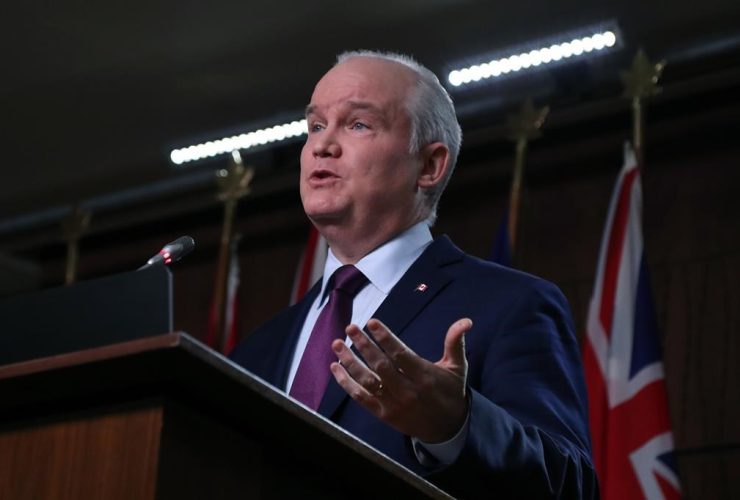 Conservative Party leader Erin O’Toole speaks at a press conference in Ottawa on Tuesday, Feb. 16, 2021. 