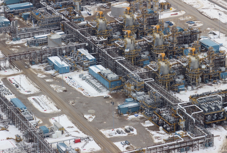 An aerial view of oilsands machinery