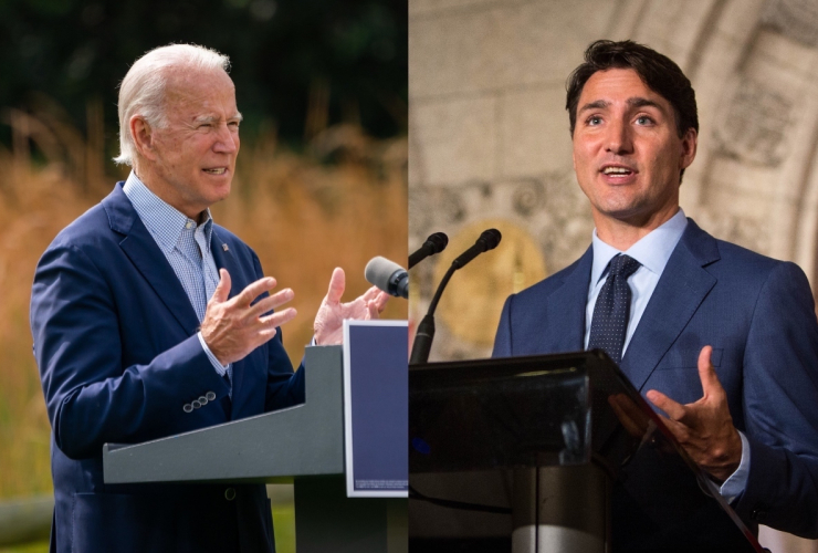 Composite image of two men speaking at podiums