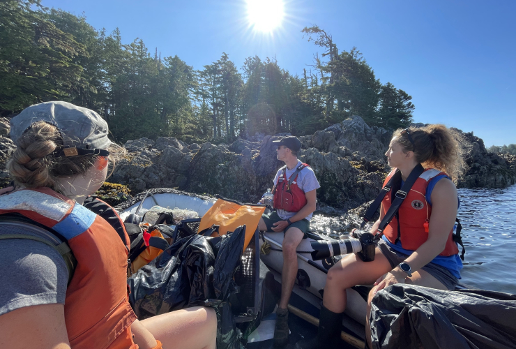 a group of people sit in a zodiac ona  nice sunny day