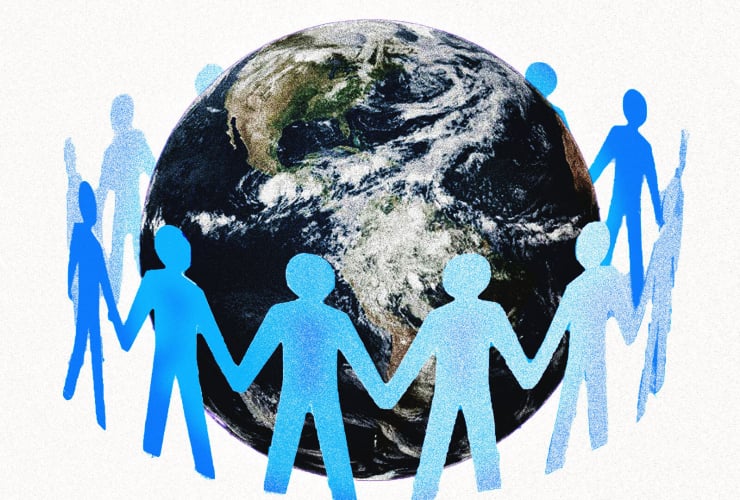 illustration showing blue people stand holding hands around the earth