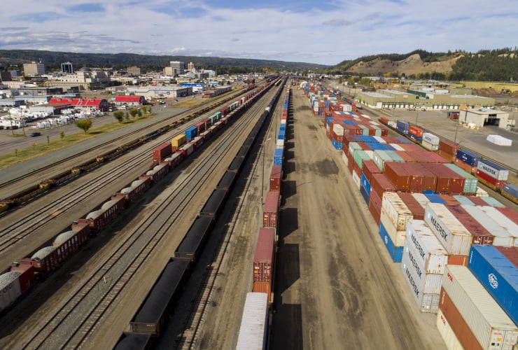 Aerial photo of the CN rail yard in Prince George, B.C.