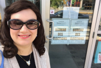 Outremont borough councillor Mindy Pollak poses for a selfie upon depositing her official declaration of candidacy for the 2017 Montreal elections.