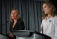 Federica Mogherini and Chrystia Freeland at the a meeting of women foreign ministers in Montreal, 22 September