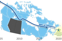 Map of Canada showing the provinces that are collectively on track to hit 2020 climate target