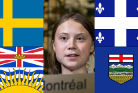 Flags of Sweden, British Columbia, Quebec and Alberta and photo of Greta Thunberg