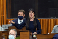 A woman speaks in the house of commons and gestures with her hands