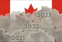 Graphic by Barry Saxifrage representing Canada's rising emissions in 2021, 2022, and 2023