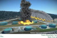 a computer animation depicting an oil tank fire and related forest fire