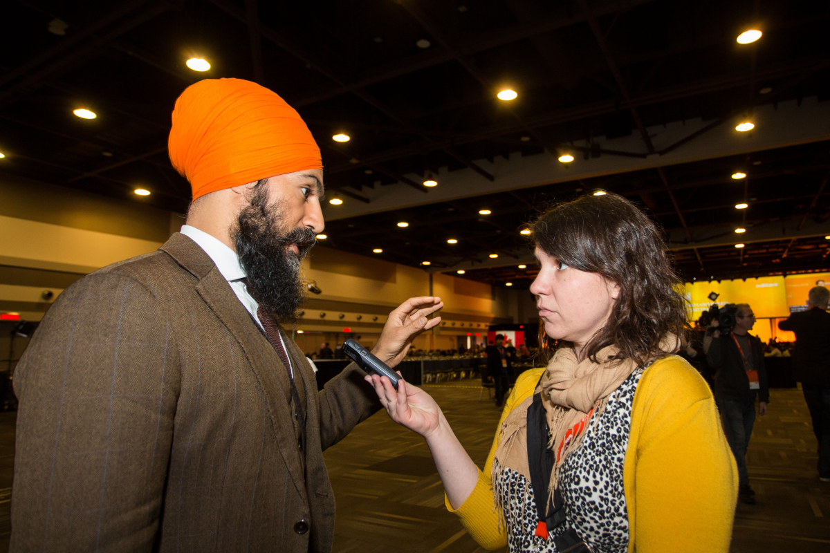 Trish Audette-Longo interviews Jagmeet Singh in Ottawa on Feb. 18, 2018. Photo by Alex Tétreault