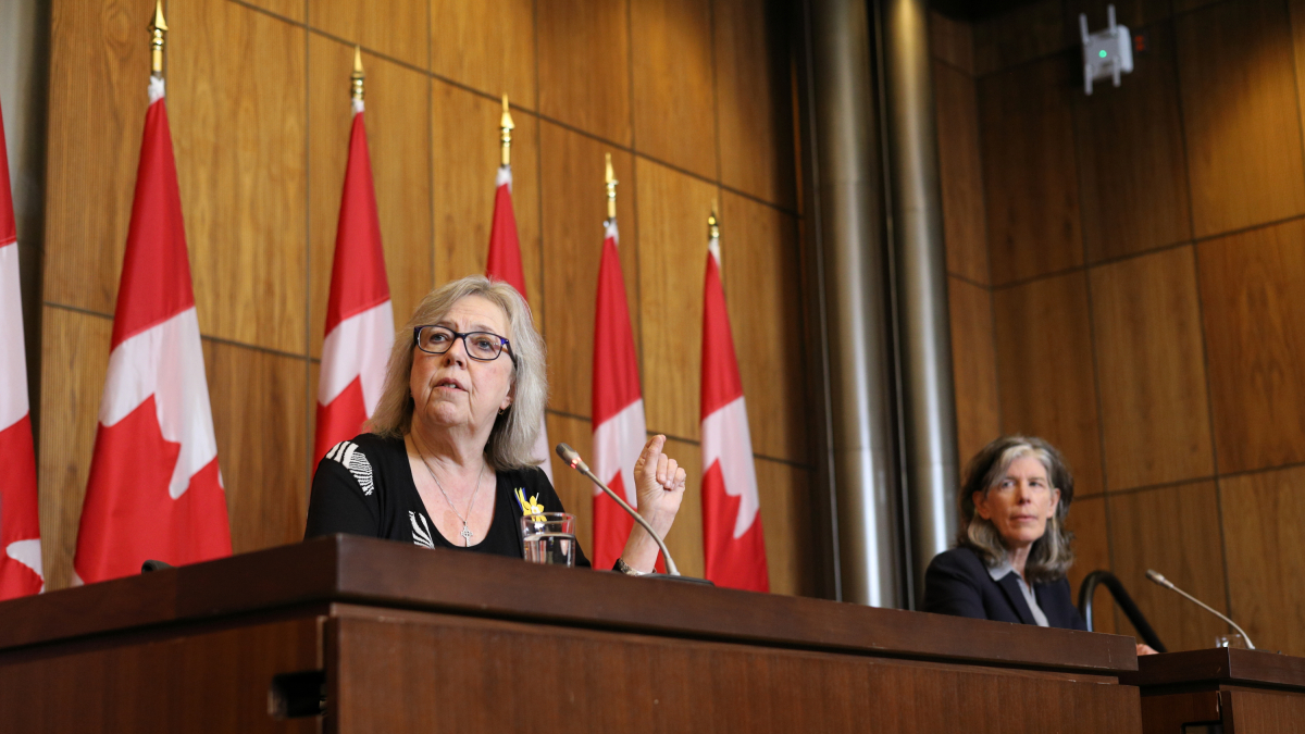 Elizabeth May speaks at a press conference