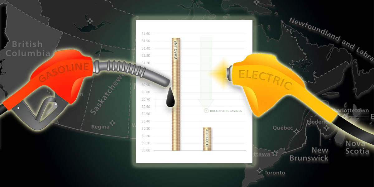 Graphic by Barry Saxifrage for top of article discussing costs of fueling up with gasoline vs electricity across Canada