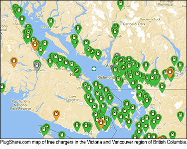 Screenshot of PlugShare.com map of free vehicles charger in B.C.