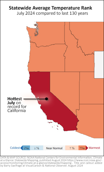 Map showing July 2024 was hottest on record for California (source NOAA)