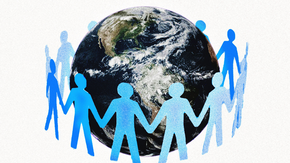 illustration showing blue people stand holding hands around the earth