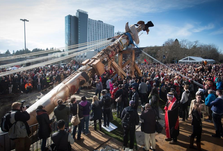 People gather to watch as a totem pole is raised in the spirit of reconciliation at the University of British Columbia in Vancouver, B.C., on Saturday, April 1, 2017.
