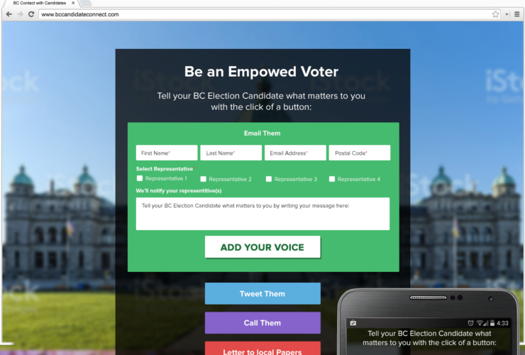 A platform called BCvoters.ca lets individuals contact candidates.
