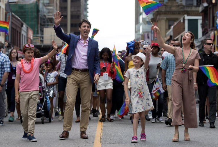Prime Minister Justin Trudeau, Sophie Gregoire Trudeau, Ella-Grace, Xavier, Pride parade, Toronto