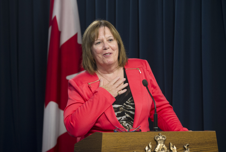 Alberta Energy Minister Margaret McCuaig-Boyd takes questions from reporters about her government's oil royalty review in Edmonton, Alta. on Aug. 28, 2015.