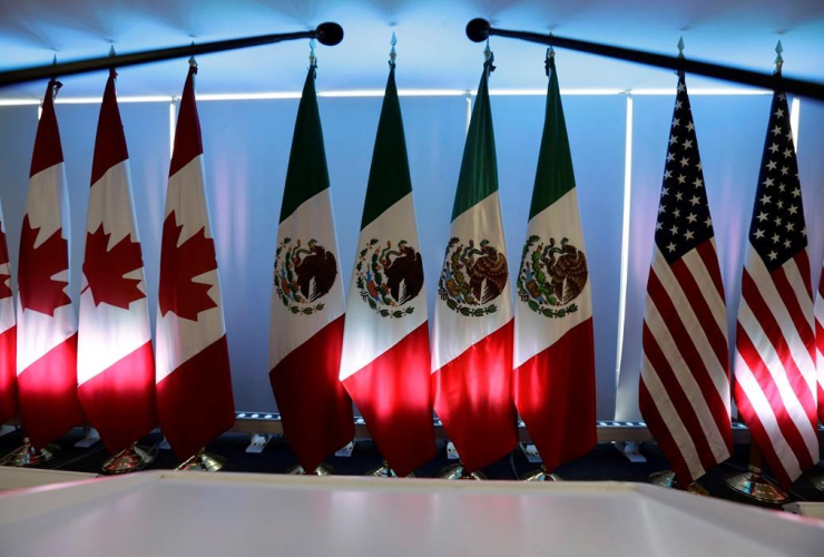 National flags, Canada, Mexico, U.S., North American Free Trade Agreement, NAFTA, renegotiations, Mexico City,