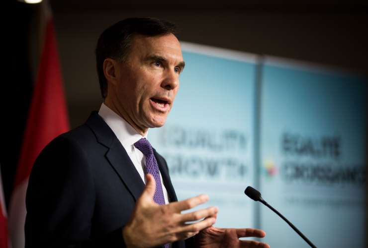Finance Minister Bill Morneau addresses the press as the Liberal federal government unveils the 2018 budget at the John D. Diefenbaker building in Ottawa on Tuesday, February 27th, 2018.