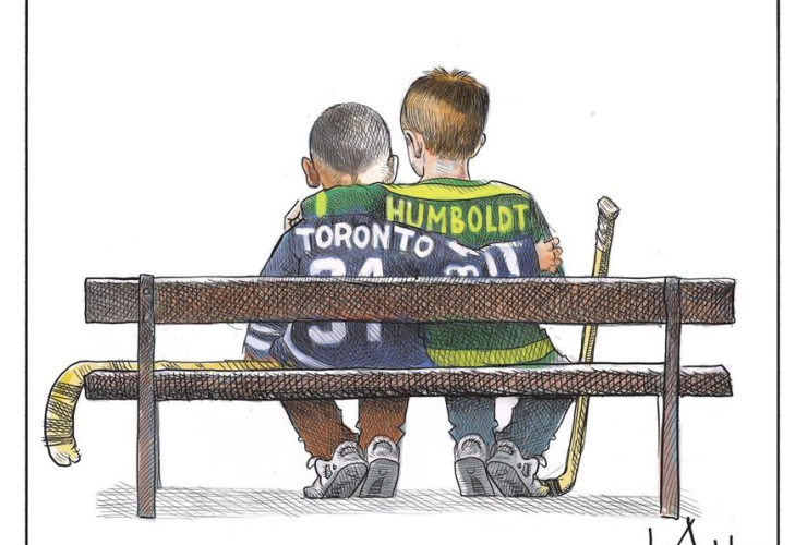 cartoon, van attack, Toronto, Humboldt, two young boys, hockey sweater, Michael de Adder