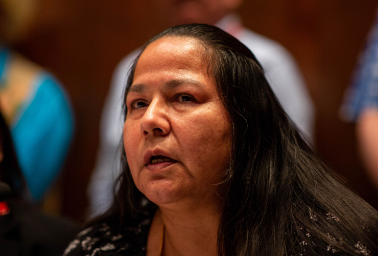 Chief Judy Wilson speaks to reporters about Kinder Morgan's Trans Mountain pipeline expansion at the Assembly of First Nations Special Chief Assembly, at the Hilton Lac-Leamy in Gatineau, Que. on May 2, 2018. Photo by Alex Tétreault