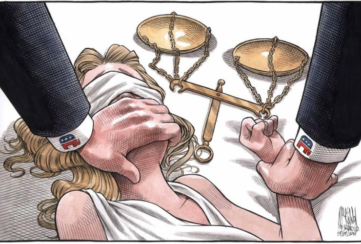 political cartoon, Lady Justice, Supreme Court nominee Brett Kavanaugh, Bruce MacKinnon