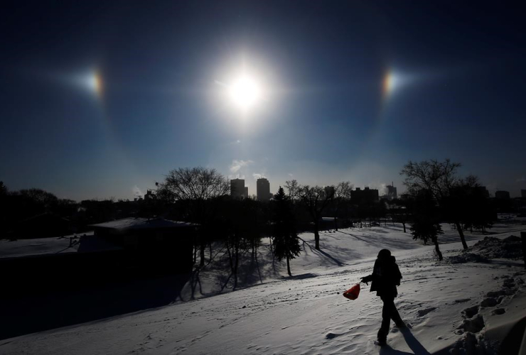 Sun Dogs, ice crystals, Winnipeg skyline,