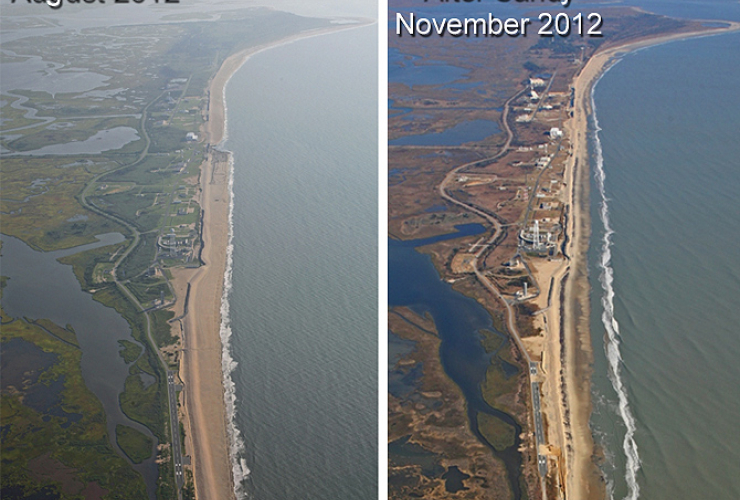 Aerial photographs of the NASA Wallops facility and coastline. On the left is from August 2012 after completion of a Shoreline Protection Project. On the right is from November 2012 after Hurricane Sandy swept by. Credit: NASA 