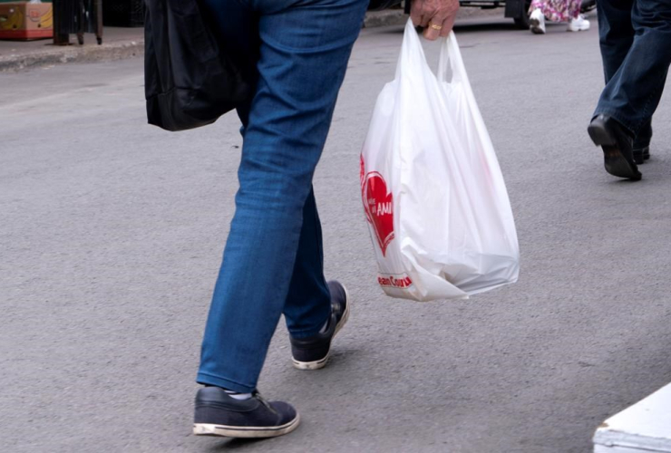 woman, carries, plastic bag, market, Montreal,