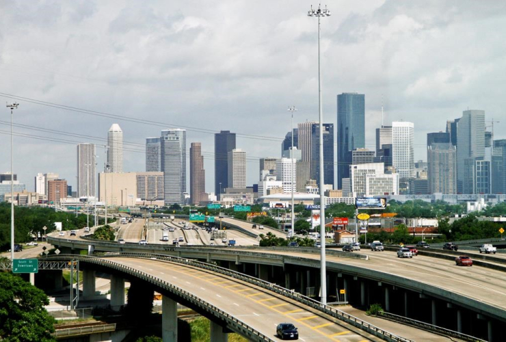 Cars, highway, skyline, downtown Houston,