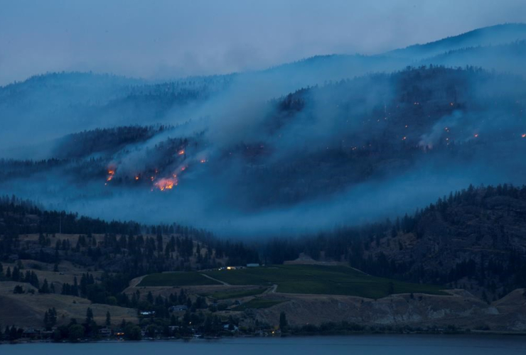 Flames, smoke, Christie Mountain wildfire, Skaha Lake, Penticton,