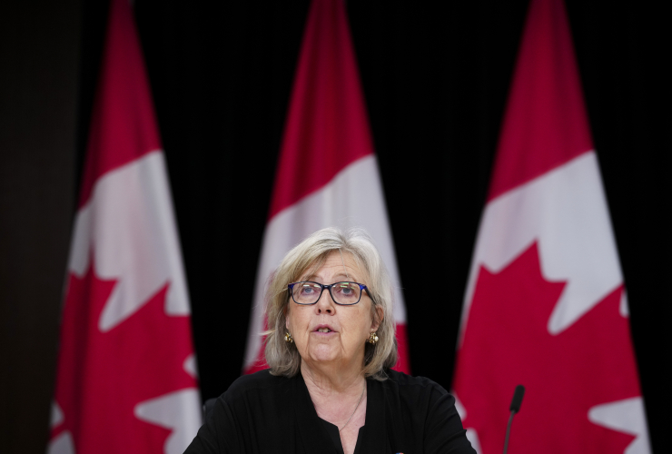 Elizabeth May speaks at a press conference